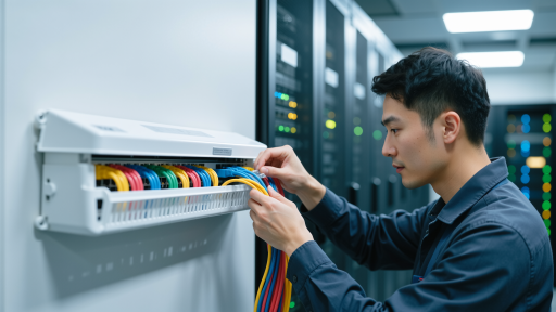 金融公司网络改造项目现场，专业技术人员正在安装调试网络设备，现代化办公环境