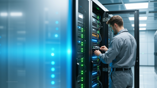 科技公司数据中心建设现场，多台服务器设备整齐排列，专业技术人员正在进行系统配置