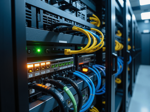 企业网络基础设施设备展示，包含服务器机柜、网络交换机、路由器等设备，现代化数据中心环境